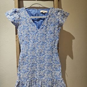 LOFT Blue and White Embroidered Mini Dress